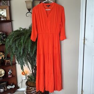NWOT Cassee’s Orange Maxi Dress Tiered Cinched Waist 3/4 Sleeves V-Neck Tunic
